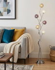 59" Silver Six Light LED Novelty Floor Lamp With Purple And White Metal Novelty Shade
