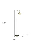 64" Gold And White Arched Floor Lamp With Gold Metal Cage Shade