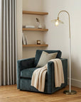 64" Gold And White Arched Floor Lamp With Gold Metal Cage Shade