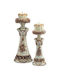 Set of 2 Beige And Brown Vintage Pillar Tabletop Candle Holders