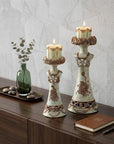 Set of 2 Beige And Brown Vintage Pillar Tabletop Candle Holders