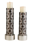Set Of Two Espresso and Silver Pillar Tabletop Pillar Candle Holders