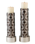 Set Of Two Espresso and Silver Pillar Tabletop Pillar Candle Holders