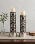 Set Of Two Espresso and Silver Pillar Tabletop Pillar Candle Holders