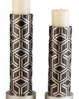 Set Of Two Espresso and Silver Pillar Tabletop Pillar Candle Holders