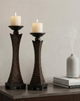 Set of Two Bronze Polyresin Woven Tabletop Pillar Candle Holders With Candle