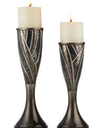 Set of Two Black Silver and Bronze Polyresin Abstract Centerpiece Pillar Candle Holders With Candle