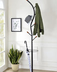 76-Inch-Long Billie Black Tree Coat Rack Walnut Hooks w Umbrella Stand