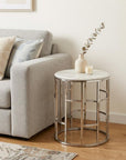 Stylish Silver And White Marble Round Geometric End or Side Table