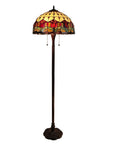 62" Brown Two Light Traditional Shaped Floor Lamp With Red Flowers Stained Glass Dome Shade