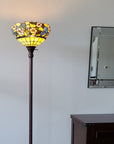 70" Green And Black Floor Lamp With Green Glass Bowl Shade