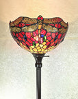 69" Black And Red Torchiere Floor Lamp With Red Dragonfly Glass Dome Shade