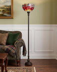 69" Black And Red Torchiere Floor Lamp With Red Dragonfly Glass Dome Shade