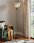 62" Brown Torchiere Floor Lamp With White Tiffany Style Glass Dome Shade