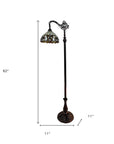 62" Brown Metal Arched Floor Lamp With Amber and Red Flowers Stained Glass Shade