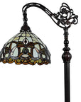 62" Brown Metal Arched Floor Lamp With Amber and Red Flowers Stained Glass Shade