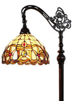 62" Brown Metal Arched Floor Lamp With Amber and Red Flowers Stained Glass Shade