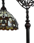 62" Brown Metal Arched Floor Lamp With Amber and Red Flowers Stained Glass Shade