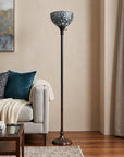 62" Brown And White Torchiere Floor Lamp With White Peacock Feather Glass Dome Shade