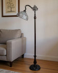 62" Brown And White Torchiere Floor Lamp With White Peacock Feather Glass Dome Shade
