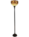 62" Beige Torchiere Floor Lamp With Red And White Flowers Glass Dome Shade