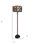 63" Beige Metal Two Light Torchiere Floor Lamp With Red And White Flowers Glass Drum Shade