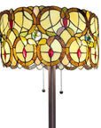 63" Beige Metal Two Light Torchiere Floor Lamp With Red And White Flowers Glass Drum Shade