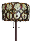 63" Beige Metal Two Light Torchiere Floor Lamp With Red And White Flowers Glass Drum Shade