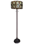 63" Beige Metal Two Light Torchiere Floor Lamp With Red And White Flowers Glass Drum Shade