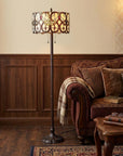 63" Beige Metal Two Light Torchiere Floor Lamp With Red And White Flowers Glass Drum Shade