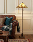 62" Brown Two Light Beige And Brown Geometric Stained Glass Floor Lamp