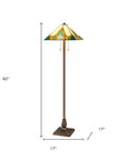 62" Two Light Tiffany Style Floor Lamp With Amber Blue And Green Stained Glass Shade