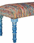 47" Blue and Orange Fabric And Viscose and Solid Wood Upholstered Distressed Bench