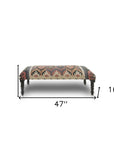 47" Beige Brown and Rust and Black Jute and Wool Blend Upholstered Southwest Distressed Bench