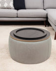 26" Light Gray And Natural Wood And Upholstery Round Ottoman With Storage