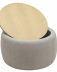 26" Light Gray And Natural Wood And Upholstery Round Ottoman With Storage