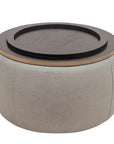 26" Light Gray And Natural Wood And Upholstery Round Ottoman With Storage