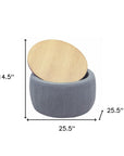26" Dark Gray And Natural Wood And Upholstery Round Ottoman With Storage