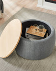26" Dark Gray And Natural Wood And Upholstery Round Ottoman With Storage