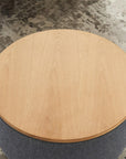 26" Dark Gray And Natural Wood And Upholstery Round Ottoman With Storage