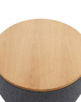 26" Dark Gray And Natural Wood And Upholstery Round Ottoman With Storage