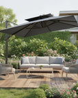 11' Gray Polyester Round Tilt Cantilever Patio Umbrella with Stand