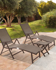 Set of Two Brown Aluminum Eight Position Adjustable Sling Outdoor Folding Chaise Lounges