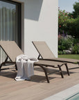 Set of Two Brown Aluminum Six Position Adjustable Sling Outdoor Chaise Lounges