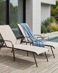 Set of Two Beige Steel Six Position Adjustable Sling Outdoor Chaise Lounges
