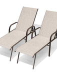 Set of Two Beige Steel Six Position Adjustable Sling Outdoor Chaise Lounges
