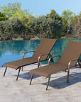 Set of Two Brown Steel Six Position Adjustable Sling Outdoor Chaise Lounges