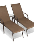 Set of Two Brown Steel Six Position Adjustable Sling Outdoor Chaise Lounges