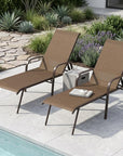 Set of Two Brown Steel Six Position Adjustable Sling Outdoor Chaise Lounges