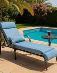 40" Brown Steel Five Position Adjustable Outdoor Folding Chaise Lounge with Dark Blue Cushion